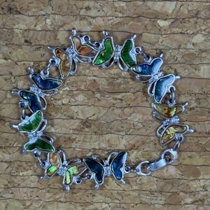 Vintage Y2K Butterfly Link Bracelet Silver Tone Abalone Inlay 7in